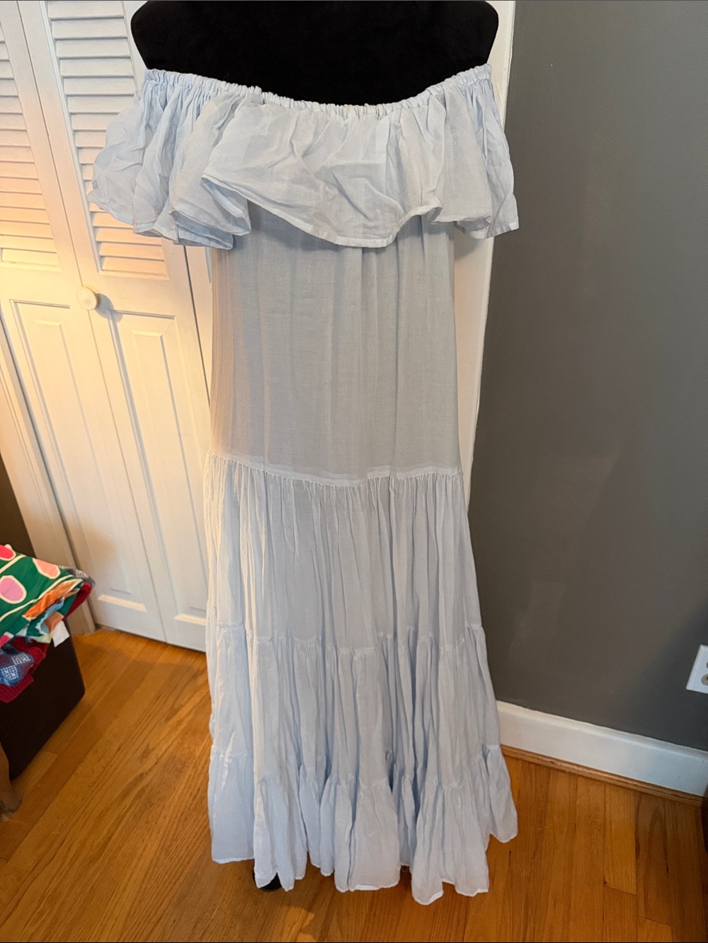 Off-Shoulder Light Blue Maxi Dress with Ruffle Bodice orchid dress Erika Pena